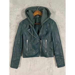 BLANKNYC Moto Jacket Women XS‎ Green Faux Leather Removable Hood Edgy Biker
